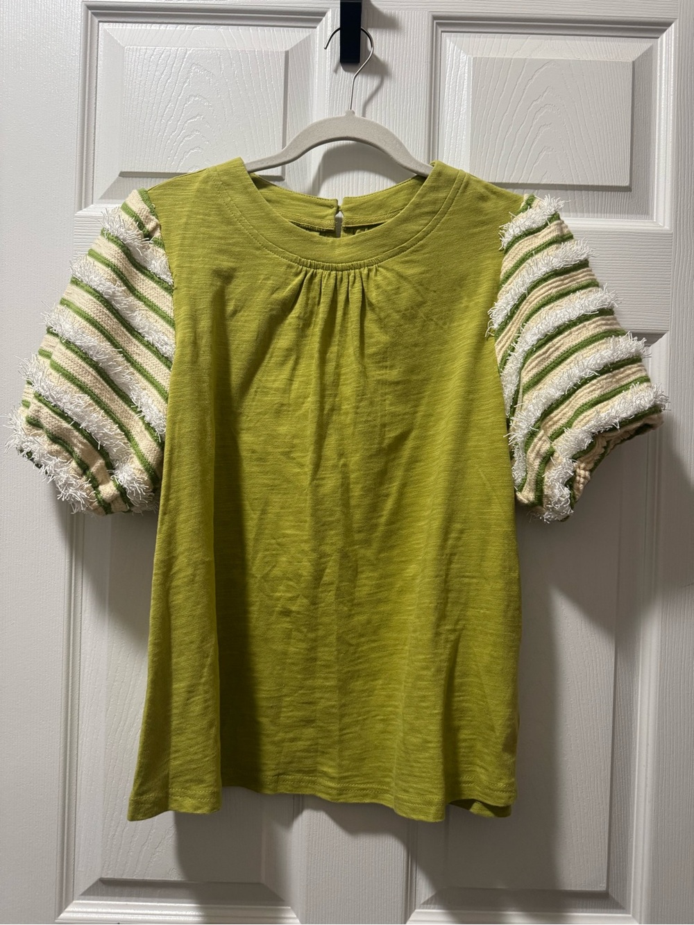 Lime Green Puff Sleeve Women's Top with Textured Stripes